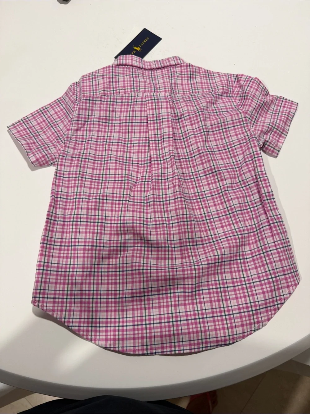Ralph Lauren Pink Plaid Short-Sleeve Button-Down Shirt with Navy Pony. Kids 3T.